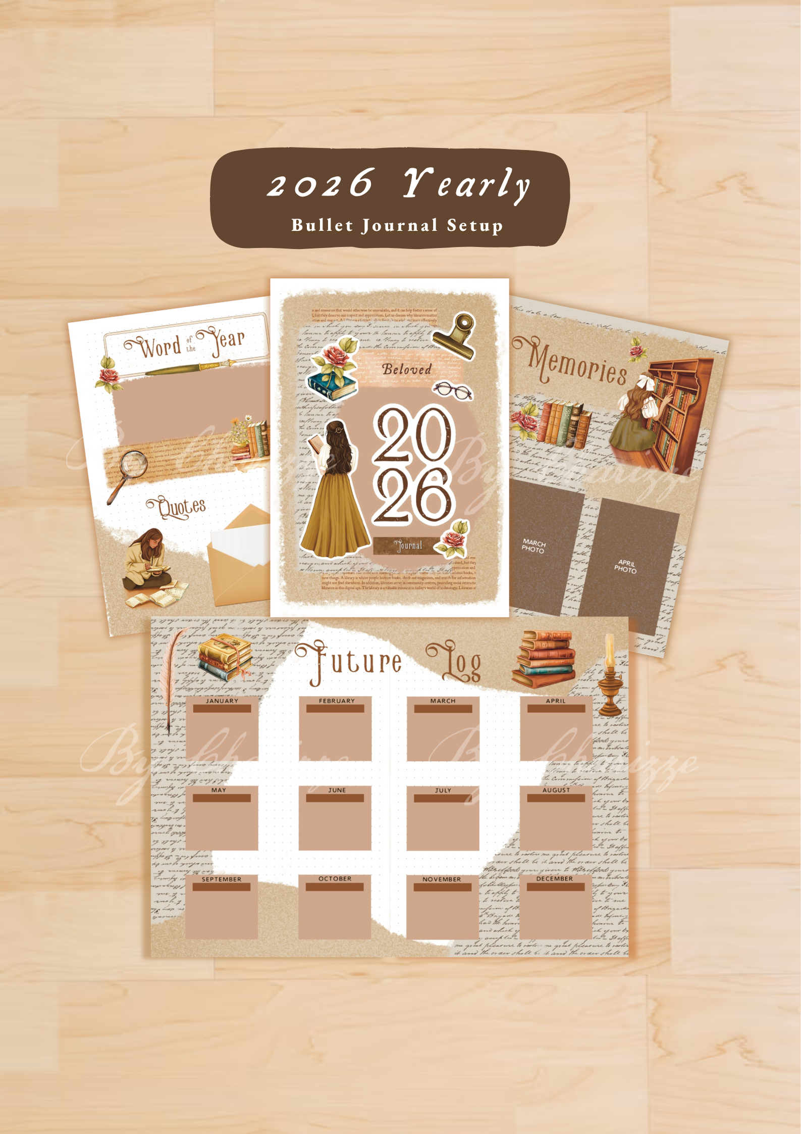Collection of bullet journal setup pages for 2026 on a wooden surface