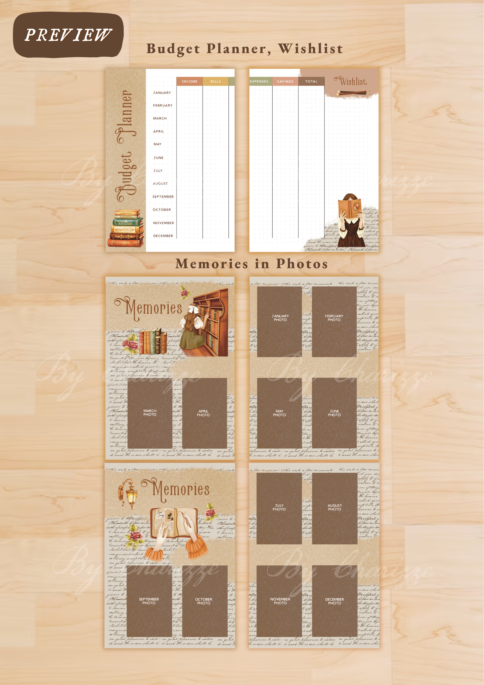 Budget planner and wishlist, and memories design for digital planners