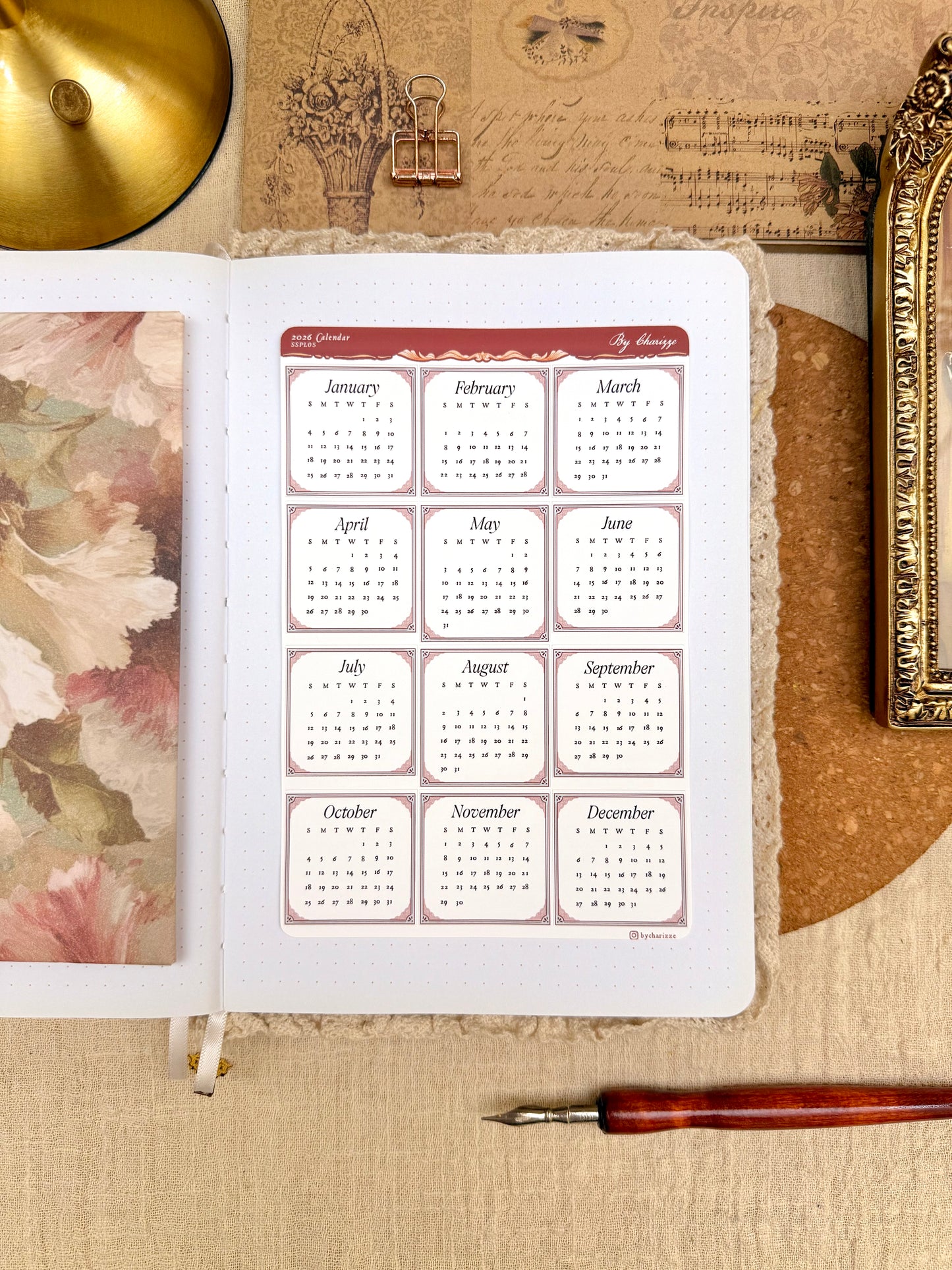 2026 Calendar Sticker Sheet - Sunday Start